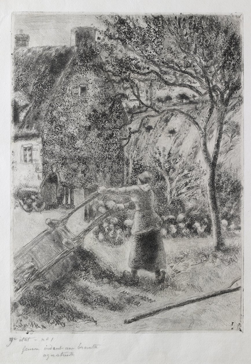 Kvinna som tömmer en skottkärra, 1880 (torrnål, akvatint, sandpapper och öppen bett etsning) av Camille Jacob Pissarro