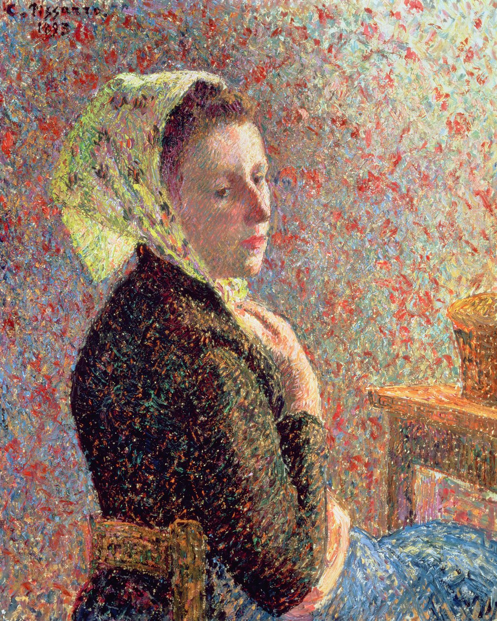 Kvinna som bär en grön huvudduk, 1893 av Camille Jacob Pissarro