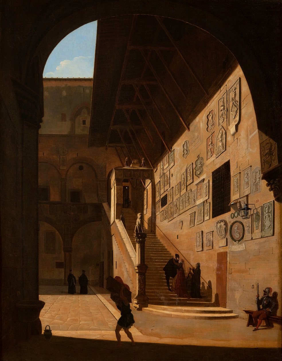 Interiör av republikens gamla palats i Florens (nu Palazzo del Popolo eller Bargello) 1822 av Camille Marie Bonnard