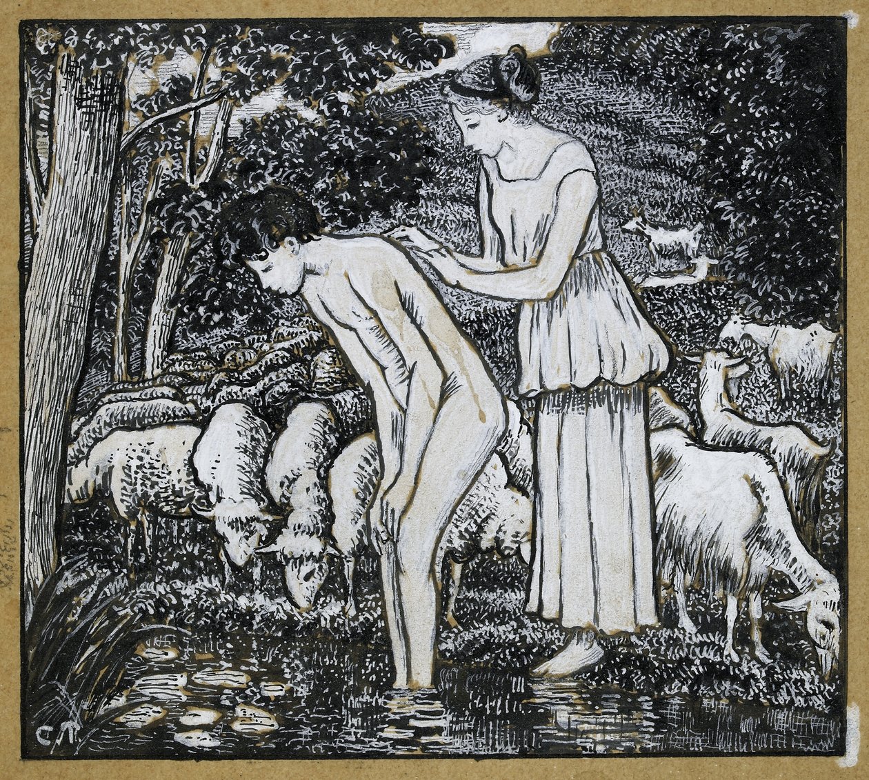 Chloë tvättar Daphnis vid en bäck, kompositionsstudie för en illustration till 