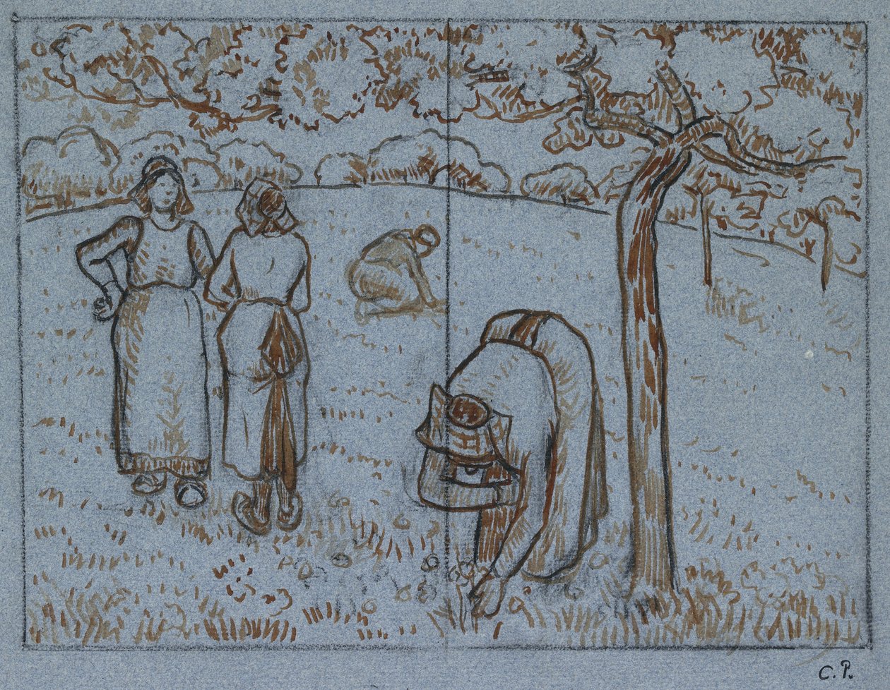 Kompositionsstudie av fyra kvinnliga bönder som arbetar i en fruktträdgård ("våren"), ca. 1894 (rödbrunt och indiskt bläck över kol på blått papper) av Camille Jacob Pissarro