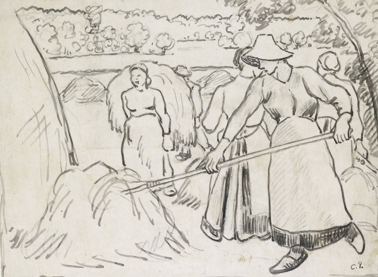 Kompositionsstudie av skördemaskiner i ett landskap, ca 1893 (penna och mörkt bläck över svart krita, svagt rutat i svart krita) av Camille Jacob Pissarro