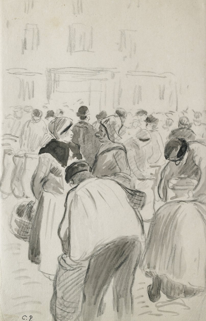 Kompositionsstudie av marknaden i Pontoise, 1881 (svart krita och grå tvättar) av Camille Jacob Pissarro