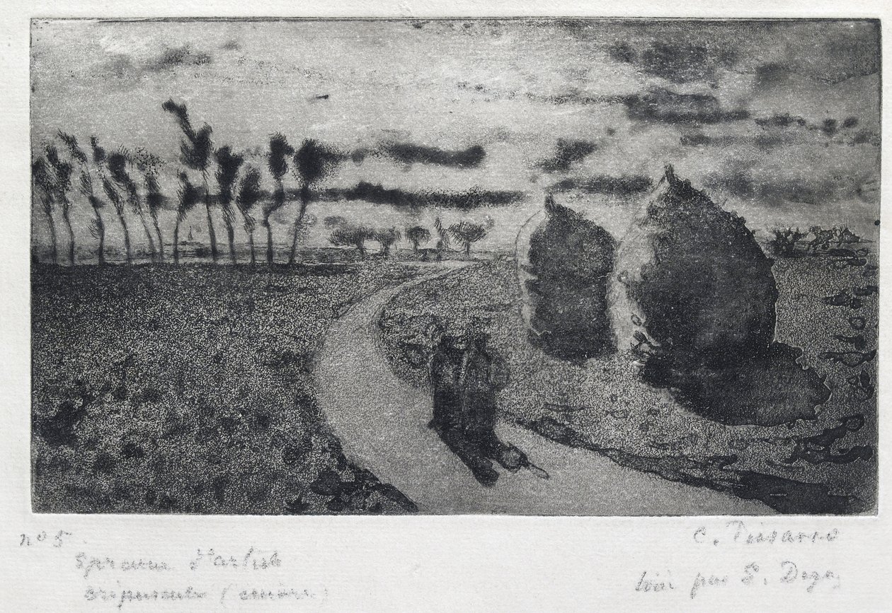 Crépuscule (avec Meules), 1879 (etsning, akvatint, torrnål och sandpapper) av Camille Jacob Pissarro