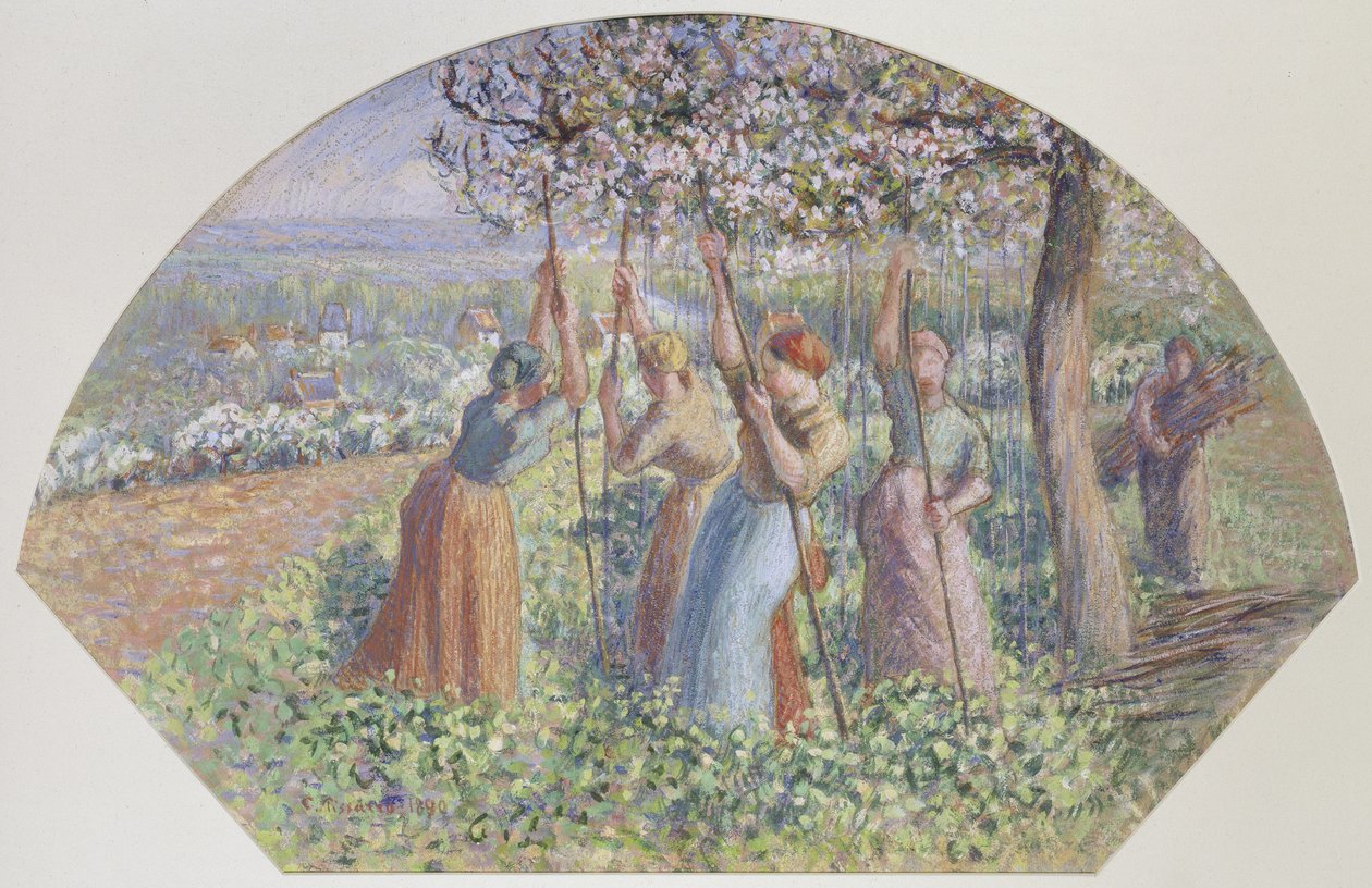 Design för en fläkt: The Pea Stakers, 1890 (gouache över svart krita på grovt brunt papper) av Camille Jacob Pissarro