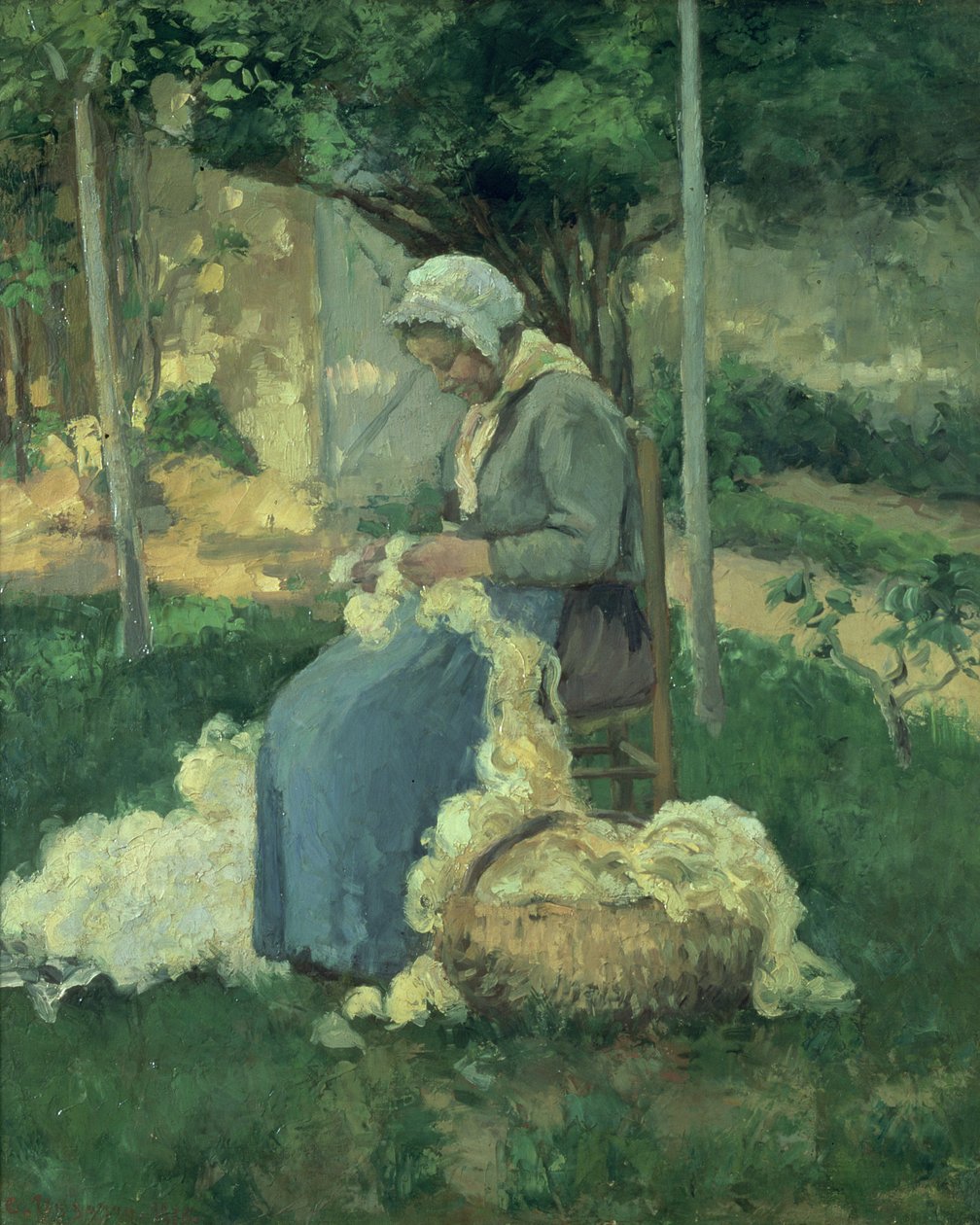 Kvinnlig bonde som kardar ull, 1875 av Camille Jacob Pissarro