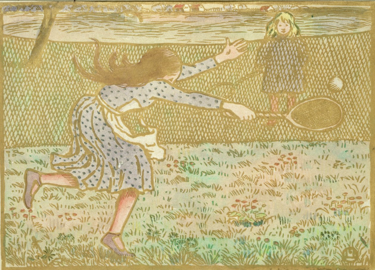 Flickor som spelar tennis, ur "Woodcuts in Line and Colours", graverat av Lucien Pissarro (1863-1944), publicerat i London 1891. av Camille Jacob Pissarro