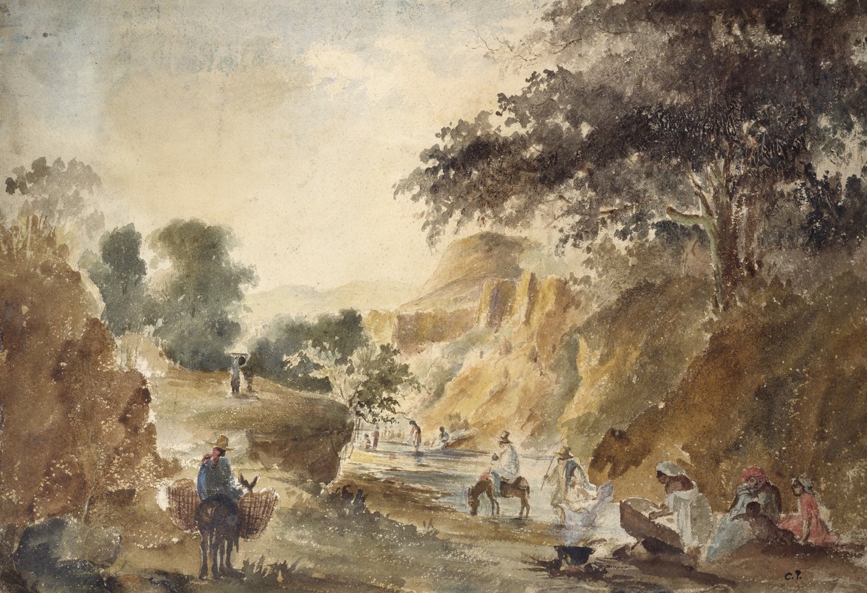 Landskap med figurer vid en flod, 1853 - 1854 (akvarell över penna) av Camille Jacob Pissarro