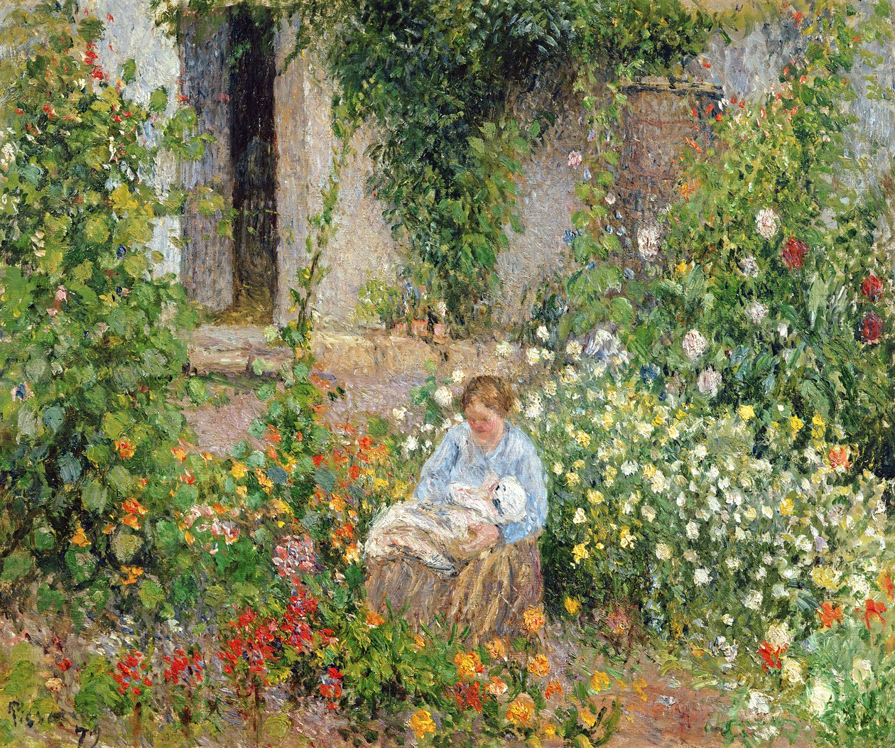 Mor och barn i blommorna, 1879 av Camille Jacob Pissarro