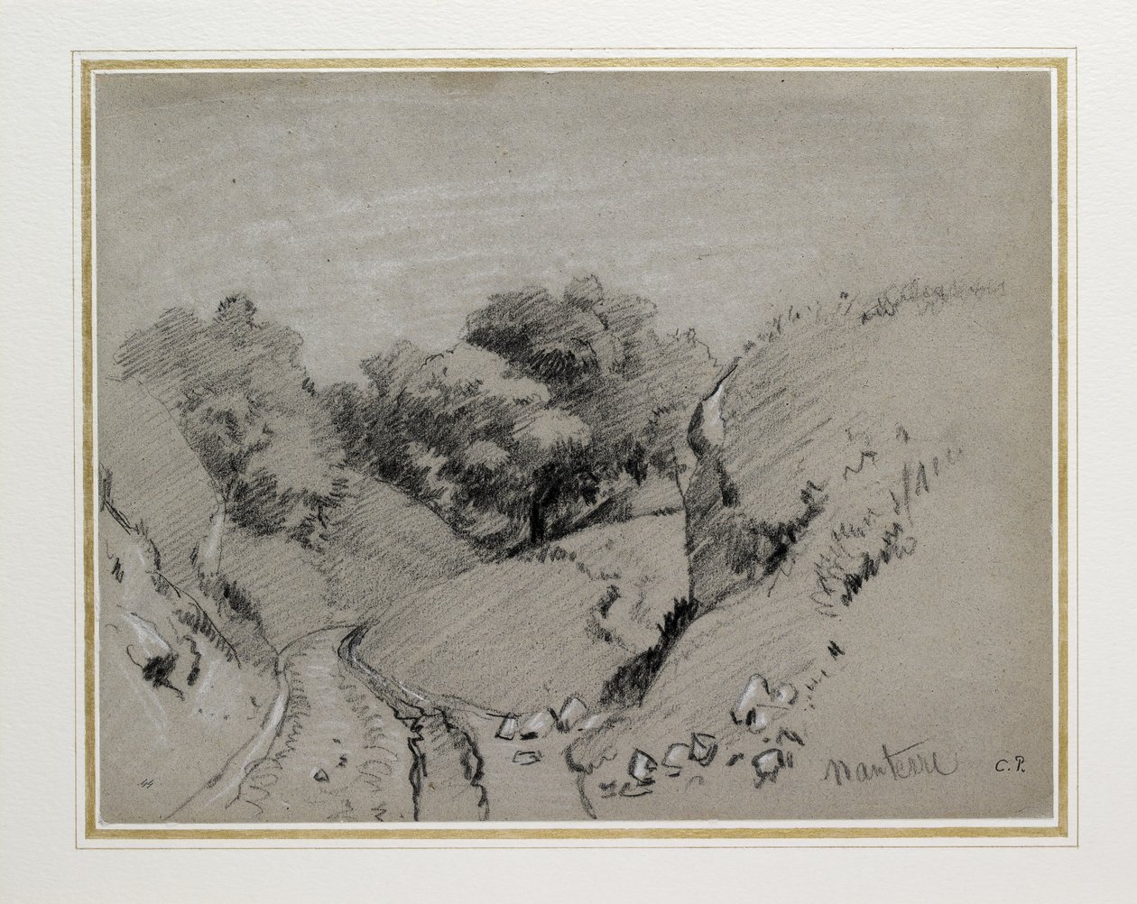 Nanterre, ca. 1860 (kol förhöjd med vit krita på grått papper) av Camille Jacob Pissarro