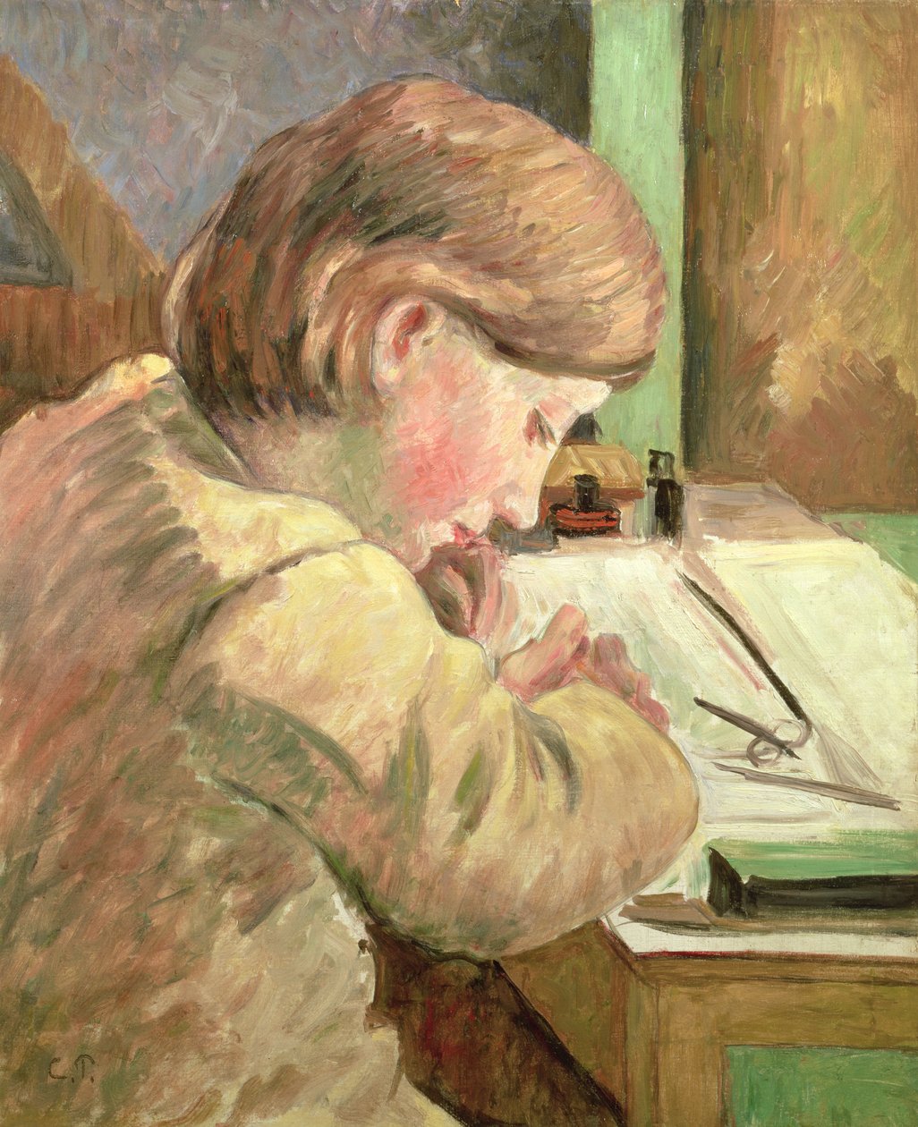 Paul skriver, omkring 1894 av Camille Jacob Pissarro