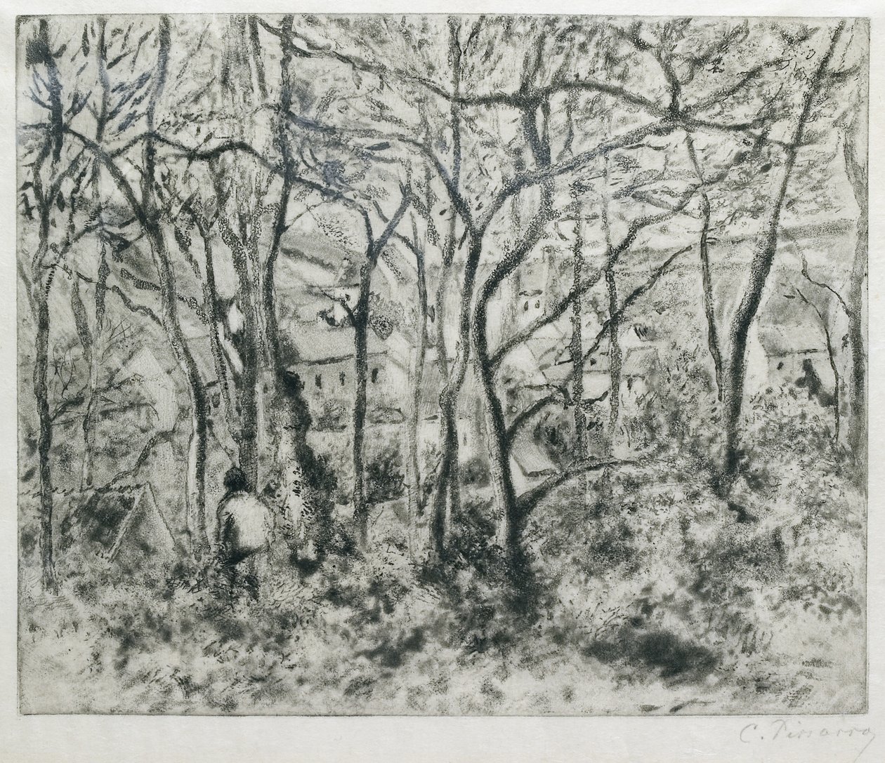 Landskap under skogen, vid Hermitage (Pontoise), 1879 (akvatint och torrnål) av Camille Jacob Pissarro