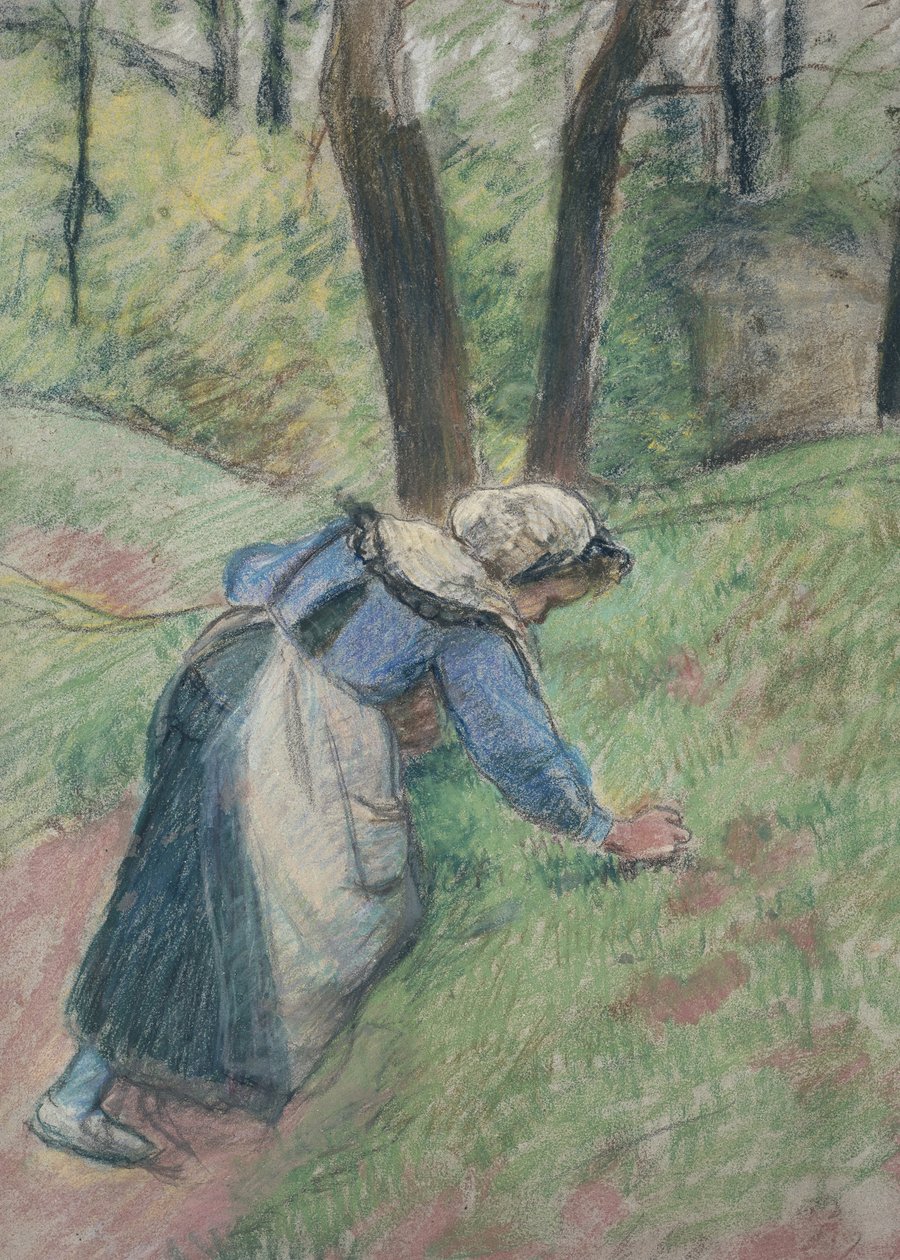 Bondekvinna som renar gräset (pastell förhöjd på platser med en rosa tvätt) av Camille Jacob Pissarro