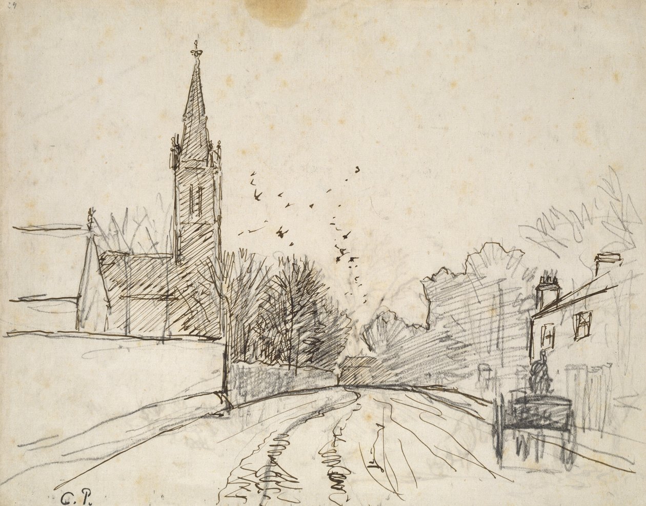 Recto: Study of Upper Norwood, London, med All Saints Church, 1871 (penna och brunt bläck över grafit) av Camille Jacob Pissarro