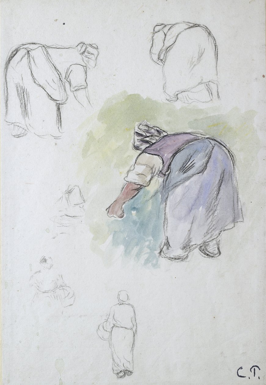 Studieark: fyra studier av en kvinnlig bonde som böjer sig och två studier av en kvinna som håller i en korg sedd framifrån respektive bakifrån, 1874 (svart krita och akvarell över kol) av Camille Jacob Pissarro