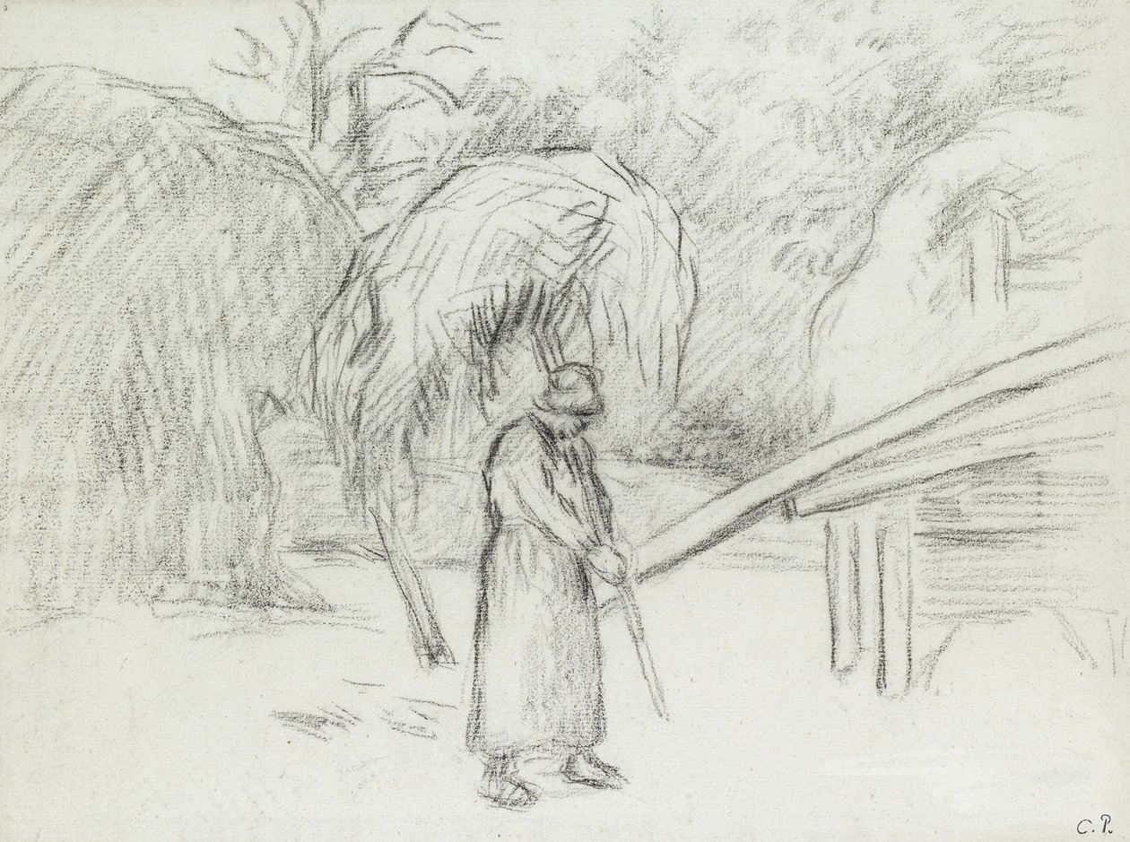 Studie av en kvinnlig bonde som bär ett lass hö på gården vid Foucault, ca. 1875 (kol) av Camille Jacob Pissarro