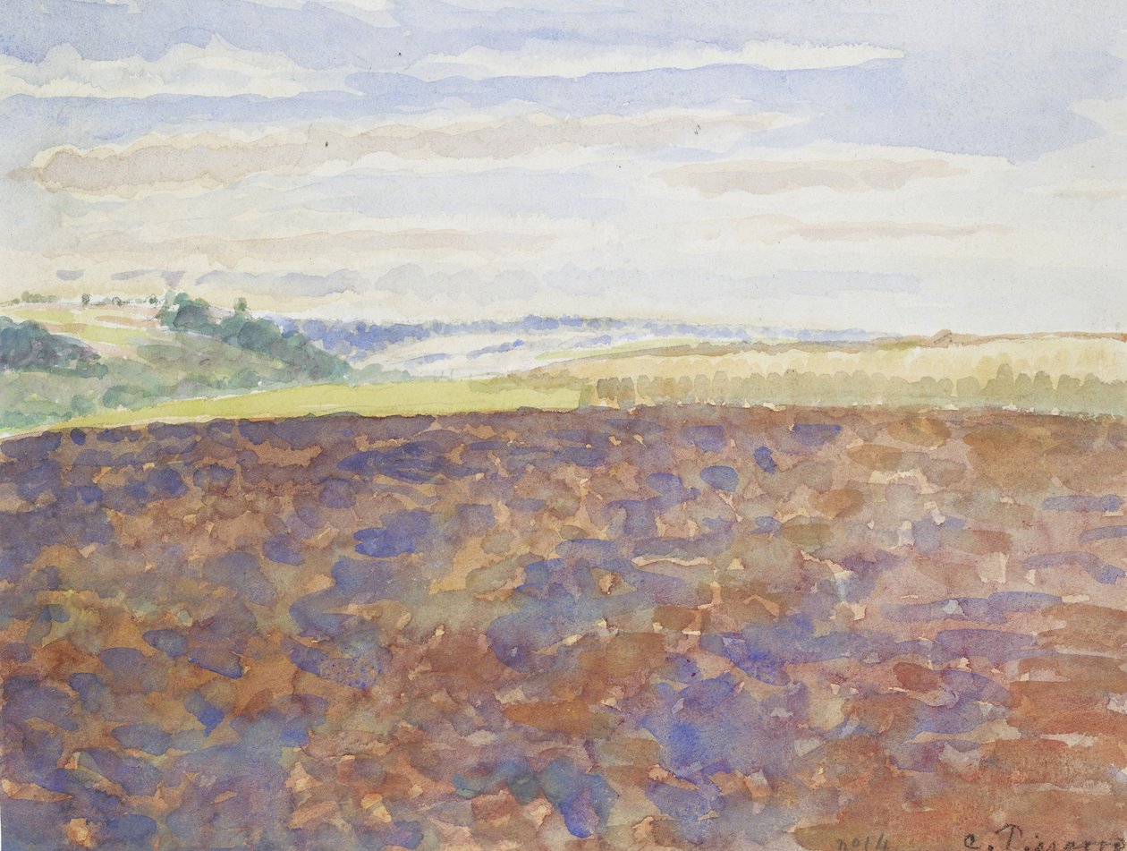 Studie av ett landskap med en plöjd åker, Eragny-sur-Epte, ca 1886 - 1890 (akvarell över blyerts) av Camille Jacob Pissarro