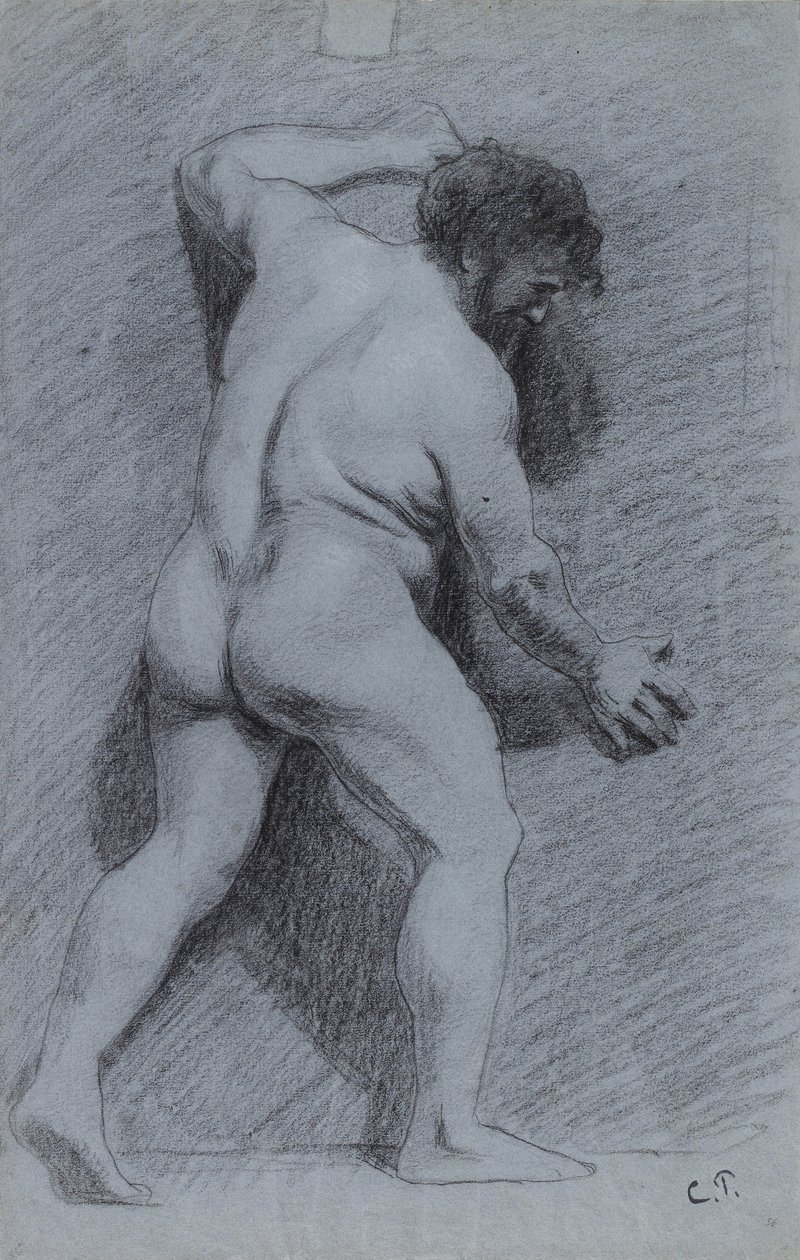 Studie av en naken man poserad mot en vägg, sett i profil, vänd åt höger av Camille Jacob Pissarro