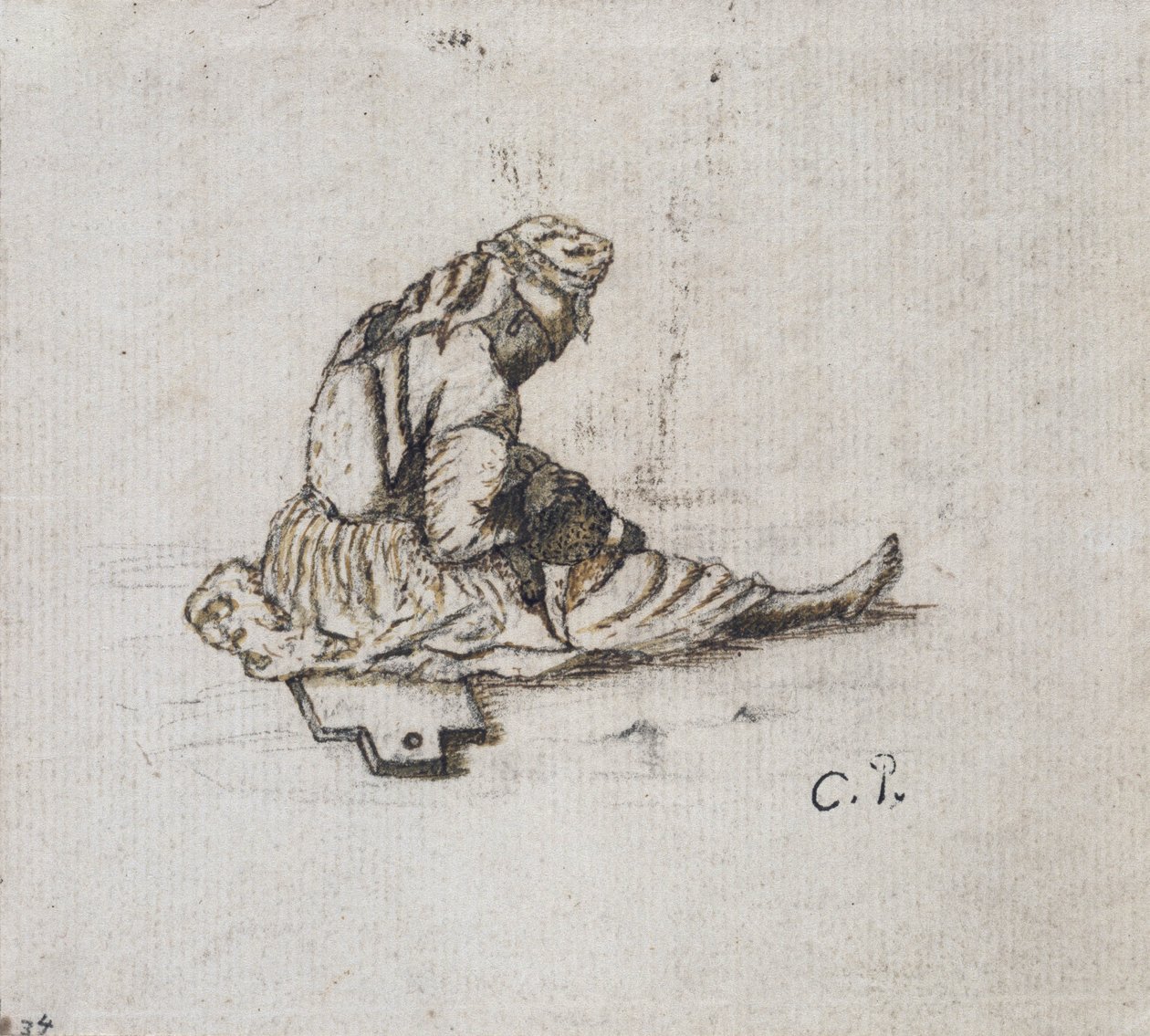 Studie av en sittande kvinnofigur, sömnad (penna och bläck över blyertspenna på papper) av Camille Jacob Pissarro