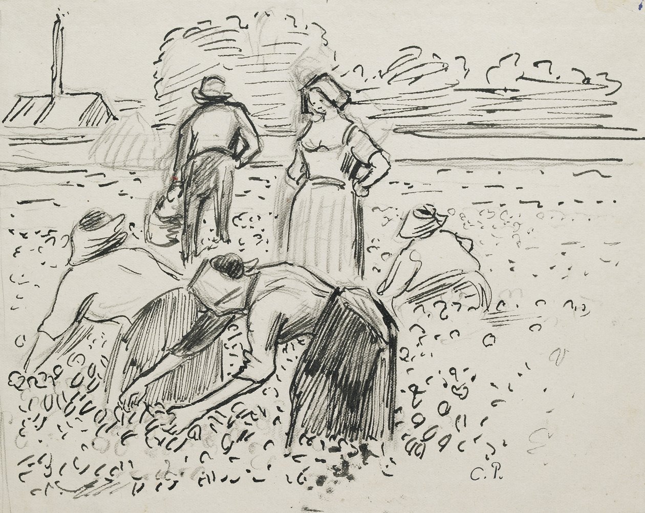 Studie av fem bondefigurer som arbetar på ett fält, 1887 (penna och bläck över svart krita) av Camille Jacob Pissarro