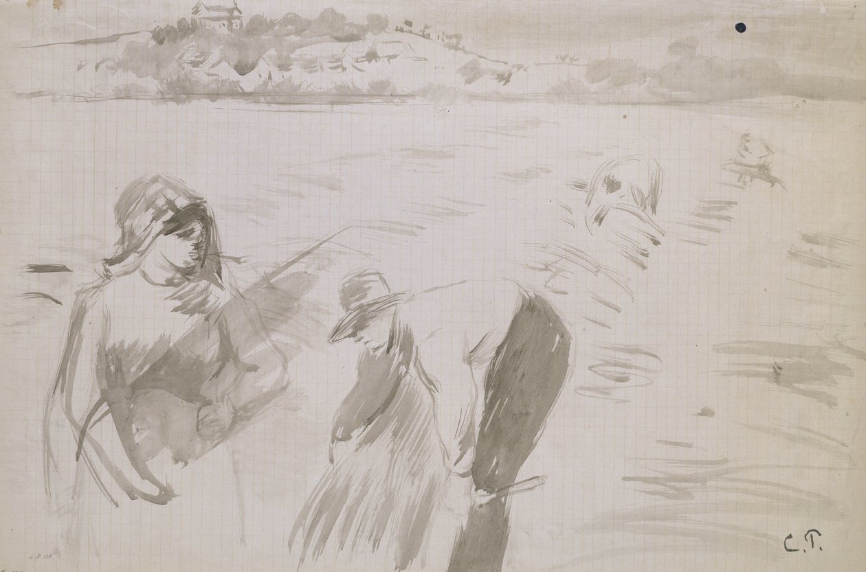 Studie av skördemaskiner som arbetar på ett fält i närheten av Pontoise (grå tvätt med brunt bläck på papper) av Camille Jacob Pissarro