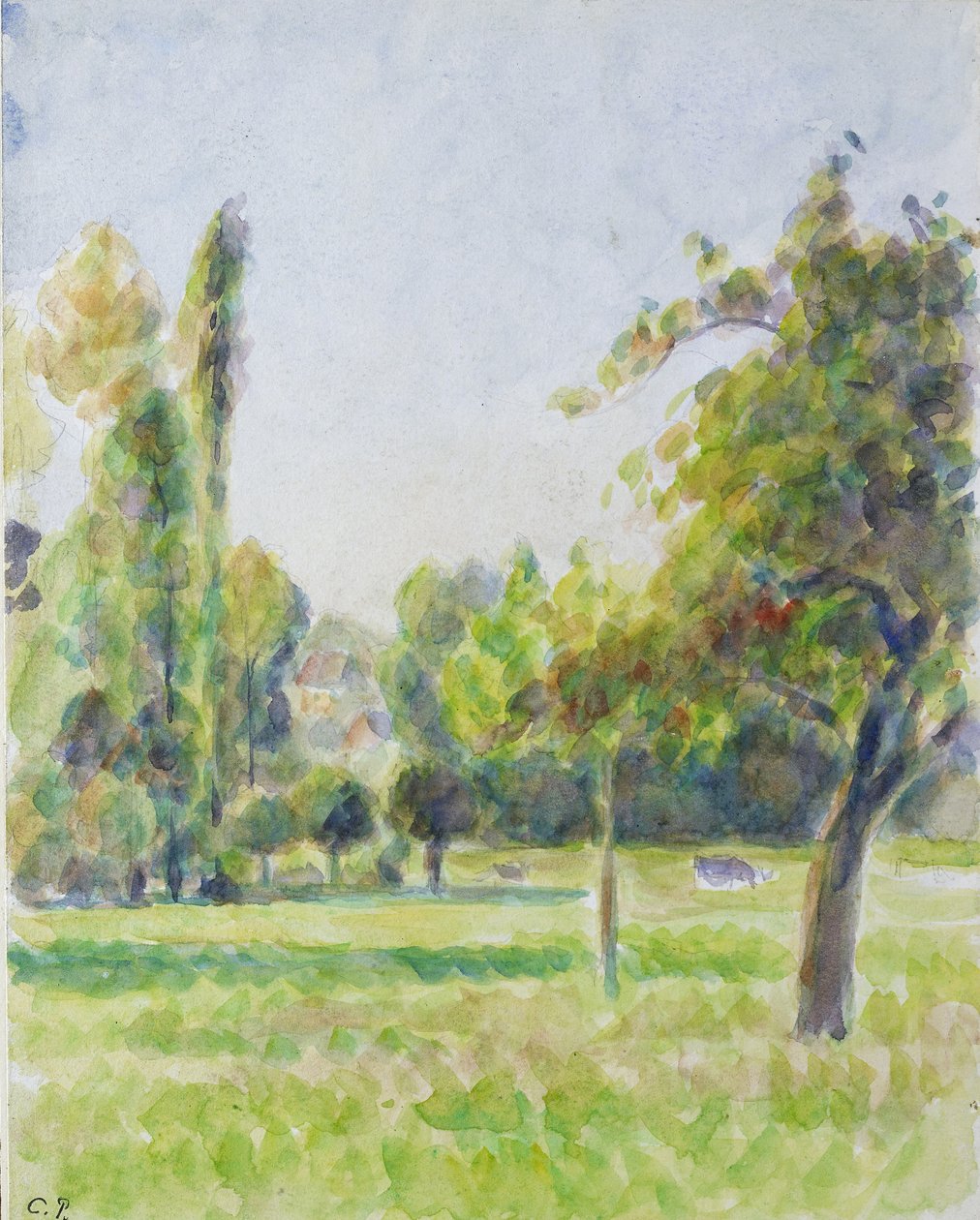 Studie av fruktträdgården vid konstnärens hus i Eragny-sur-Epte, ca 1890 (akvarell över blyerts) av Camille Jacob Pissarro