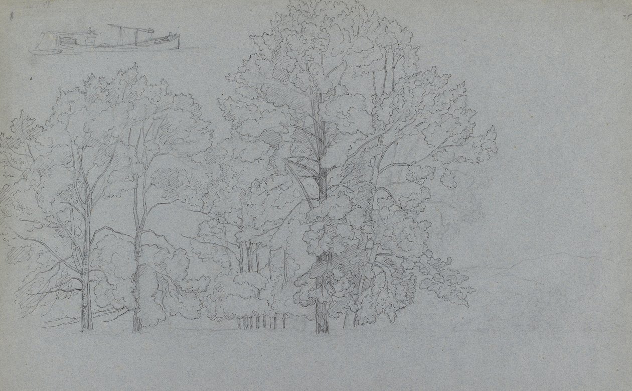 Trädstudie, med en liten studie av en pråm, 1859 (penna och mörkt bläck över grafit på gråblått papper) av Camille Jacob Pissarro