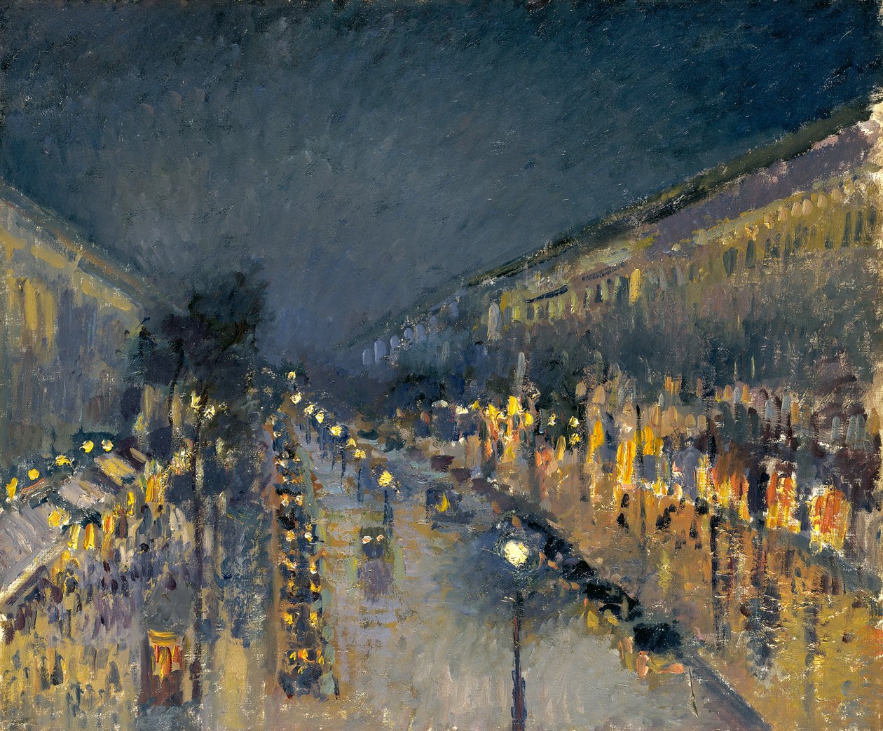 Boulevard Montmartre på natten, 1897 av Camille Jacob Pissarro