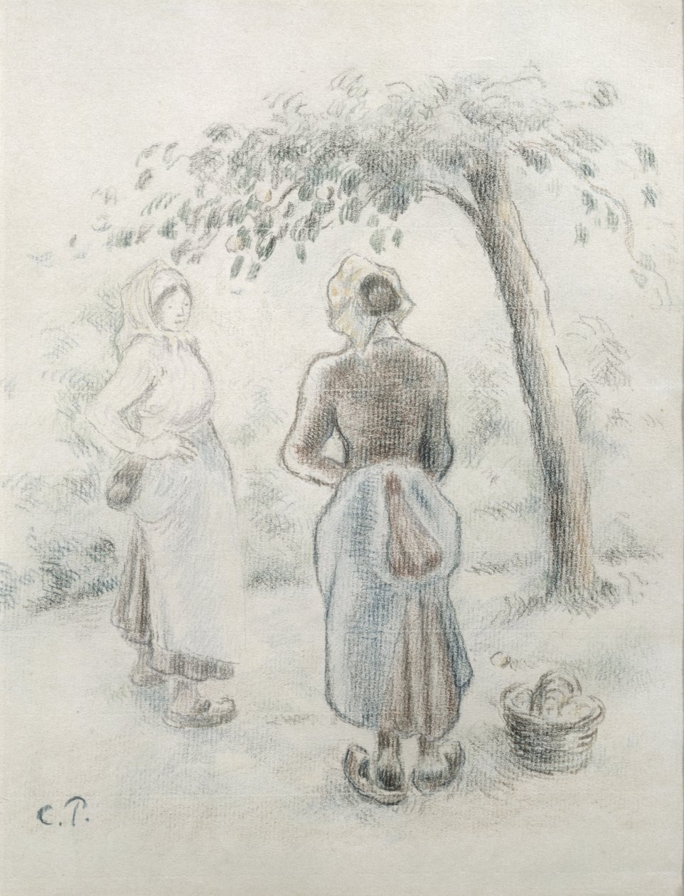 Kvinnan under äppelträdet, ca 1896 (färgpenna på papper) av Camille Jacob Pissarro
