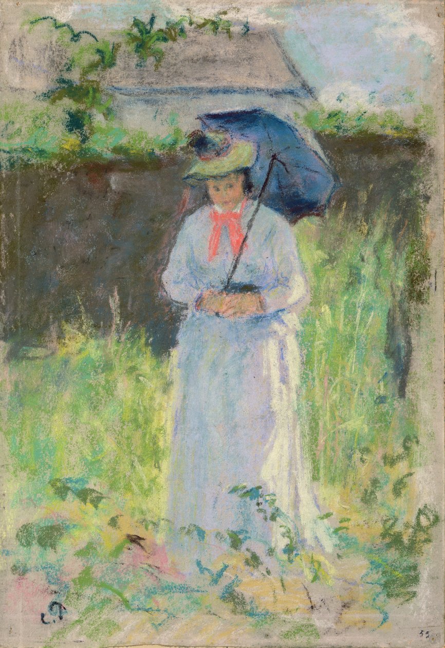 Kvinna med parasoll (pastell på papper) av Camille Jacob Pissarro
