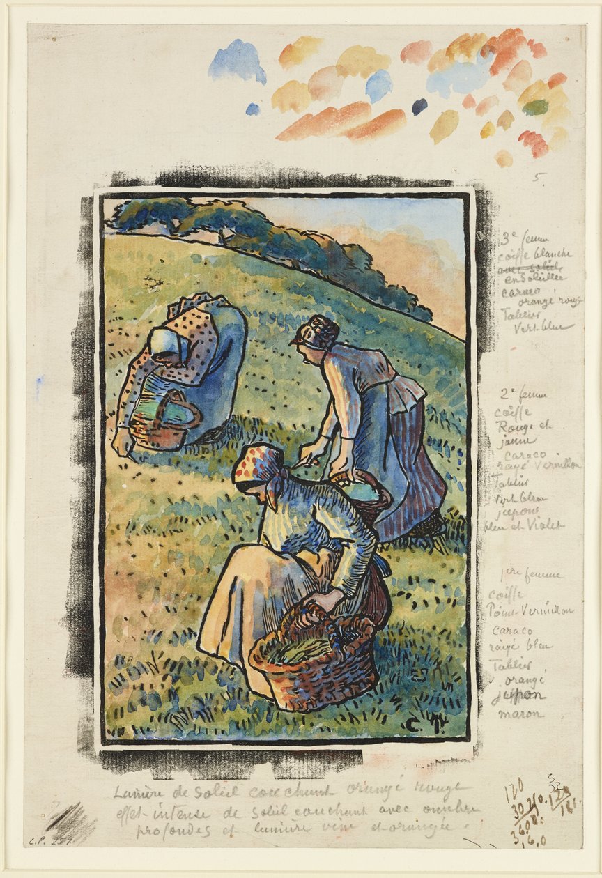 Kvinder luger græsset (træsnit & wc på papir) sved av Camille Jacob Pissarro