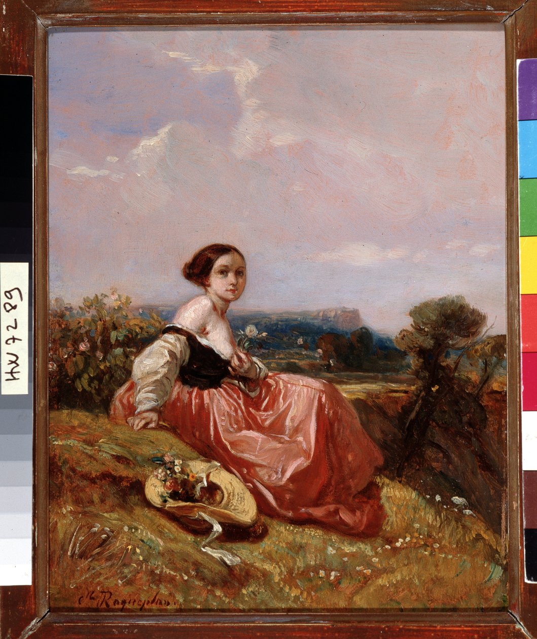 Ung flicka i hatten framför Sainte Mountain Victoire-målningen av Camille Roqueplan (1803-1855) Dim. 18x23 cm Obligatoriskt omnämnande: Samlingsstiftelsens hälsningar från Provence, Marseille av Camille Joseph Etienne Roqueplan