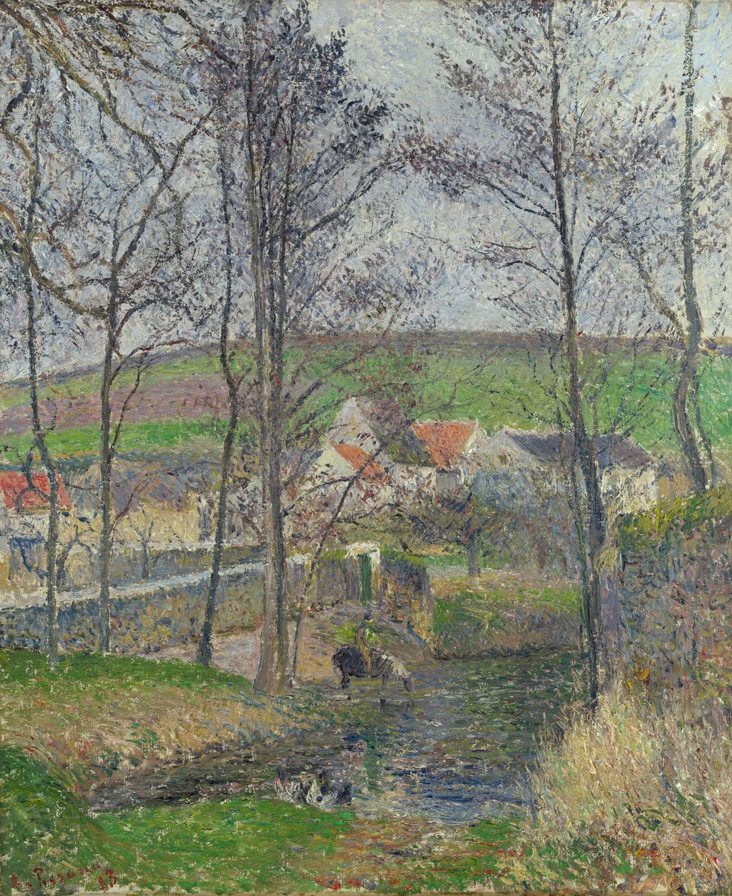 The banks of the Viosne at Osny in grey weather, winter av Camille Jacob Pissarro