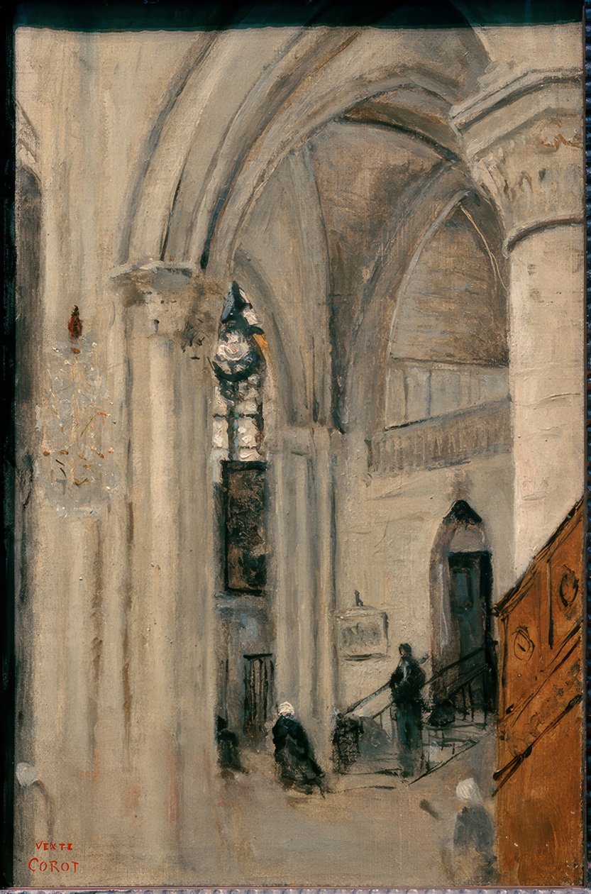 Mantes, kyrkans interiör av Jean Baptiste Camille Corot