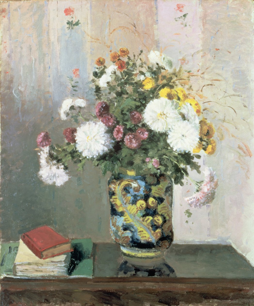 Bukett av blommor, krysantemum i en kinesisk vas av Camille Jacob Pissarro