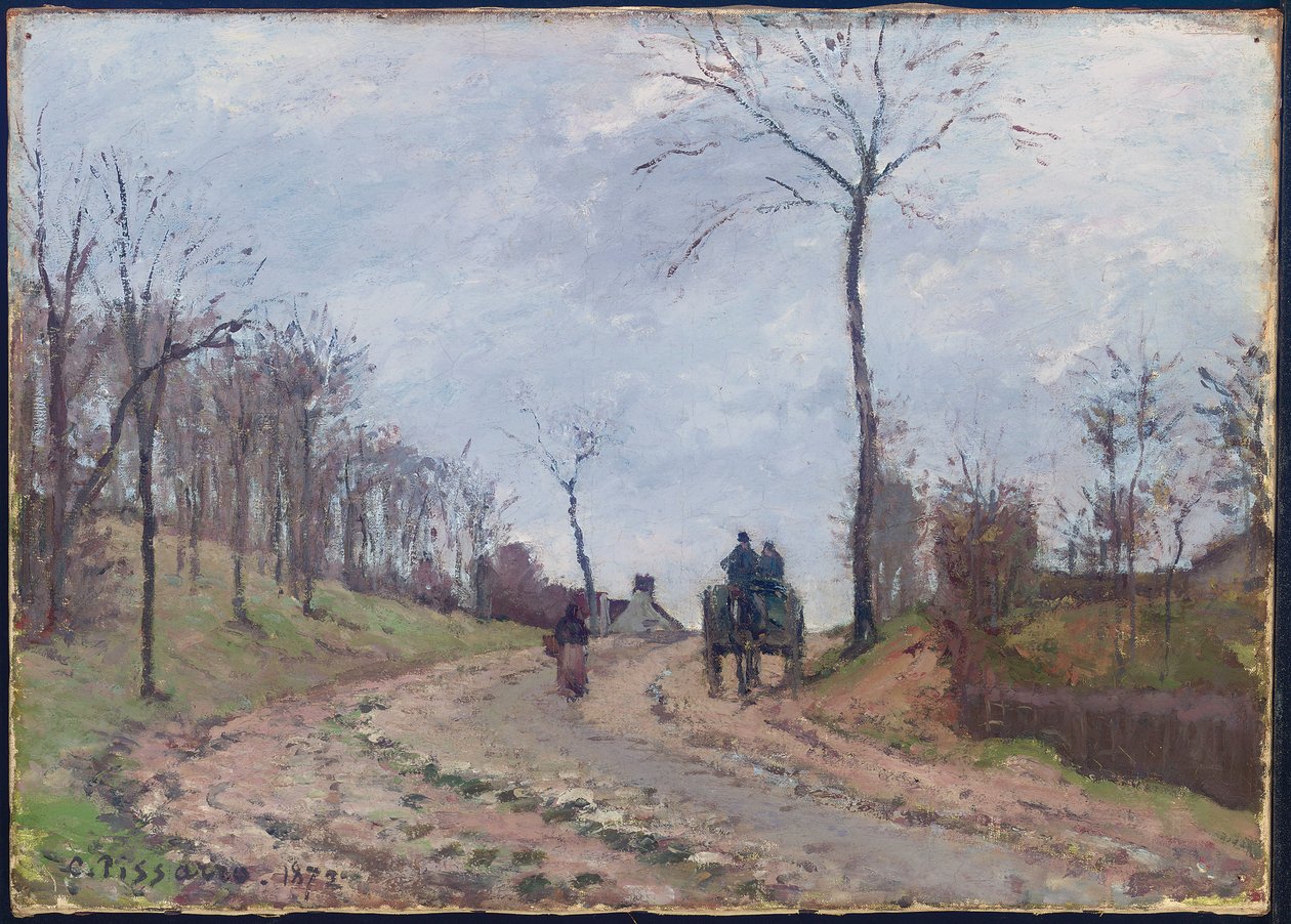 Vagn på landsväg, vinter, utkanten av Louveciennes, 1872 av Camille Jacob Pissarro