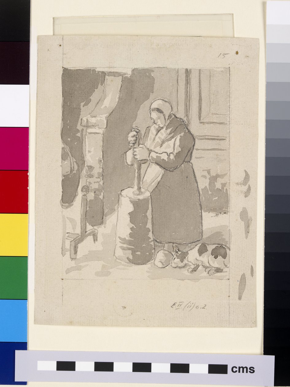 Kompositionsstudie av en kvinnlig bonde som tillverkar smör (grå tvätt & kinesisk vit över svart krita på papper) av Camille Jacob Pissarro