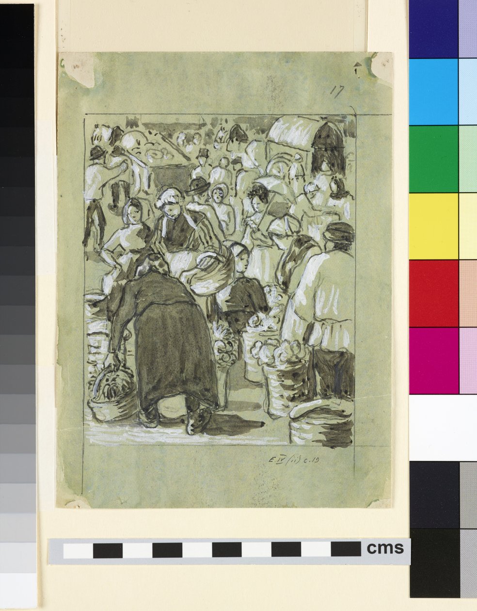 Kompositionsstudie av en marknad (grå tvätt med kinesiskt vitt på papper) av Camille Jacob Pissarro