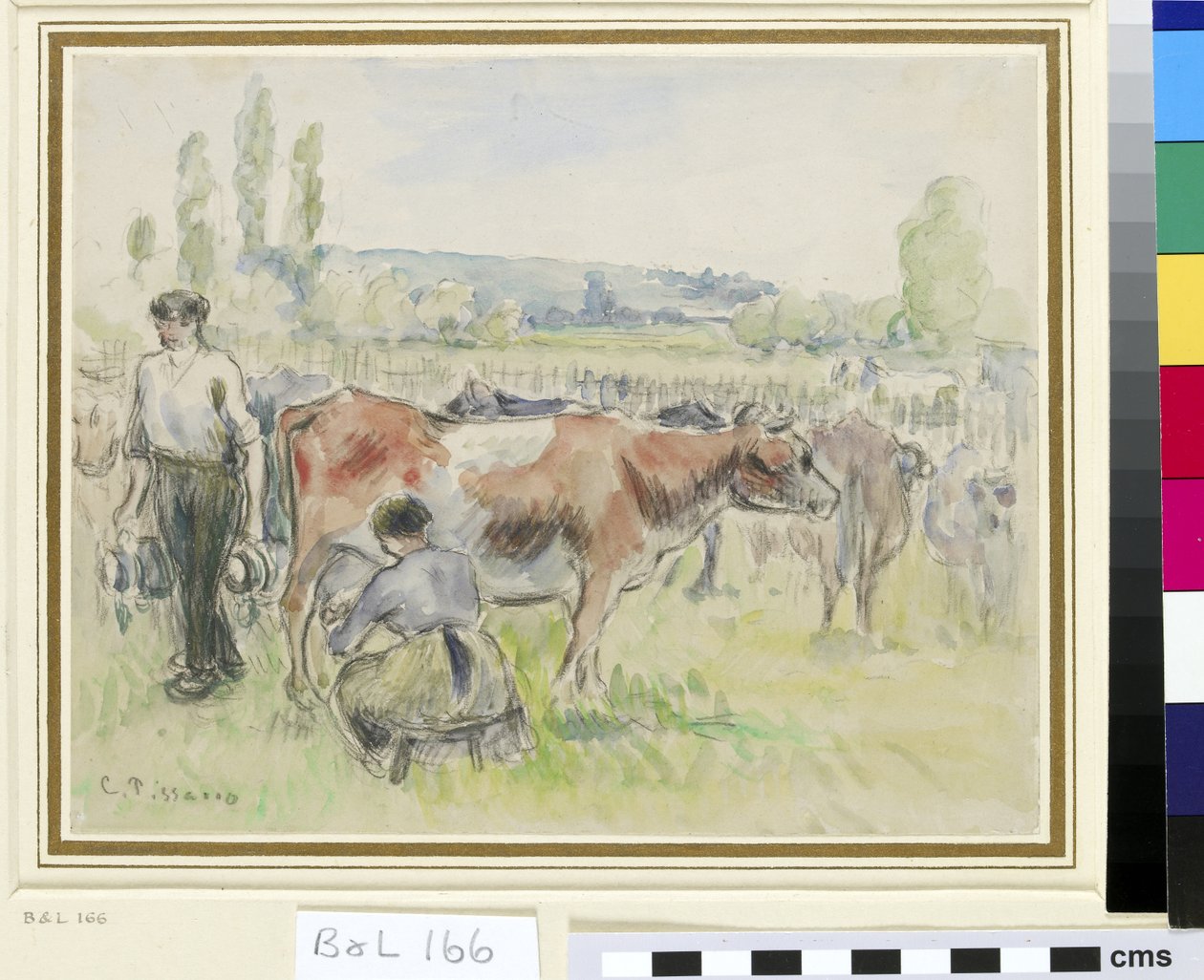 Kompositionsstudie av en mjölkningsscen i Eragny-sur-Epte (wc över svart krita på papper) av Camille Jacob Pissarro