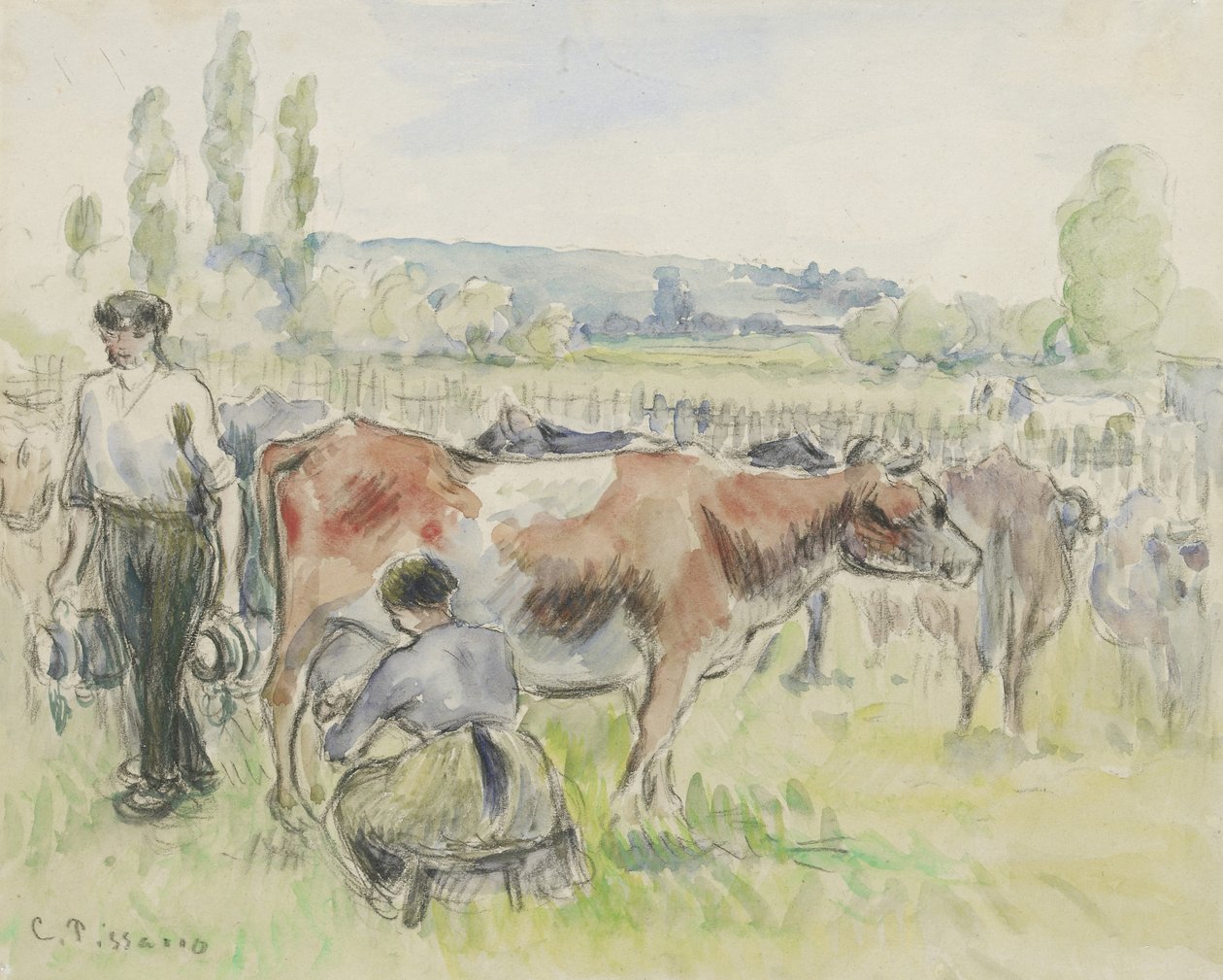 Kompositionsstudie av en mjölkningsscen i Eragny-sur-Epte, 1884 (akvarell över svart krita) av Camille Jacob Pissarro