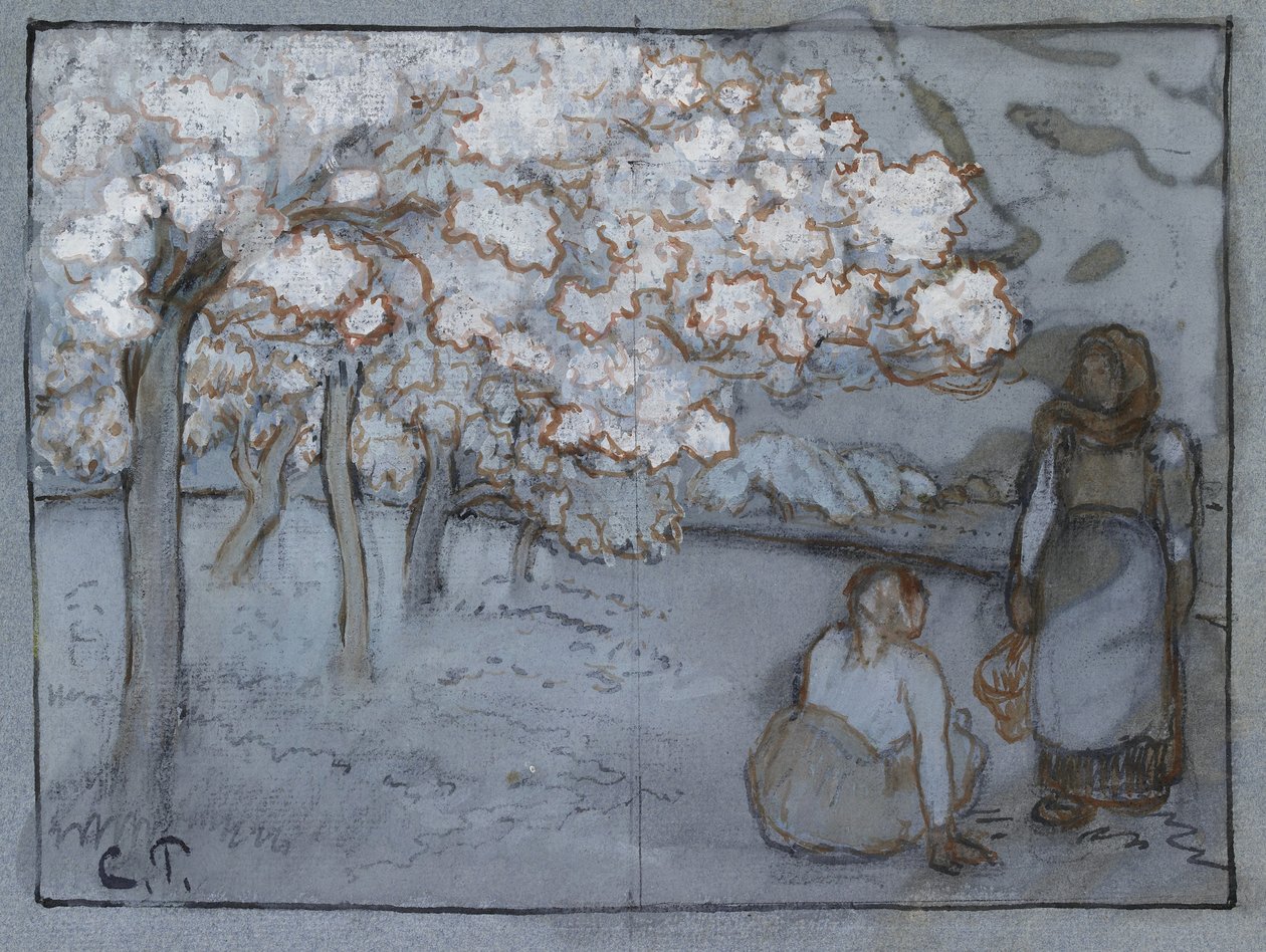 Kompositionsstudie av två kvinnliga bönder som samtalar i en fruktträdgård, ca. 1894 (rödbrunt och indiskt bläck över kol förstärkt med kroppsfärg på blått papper) av Camille Jacob Pissarro