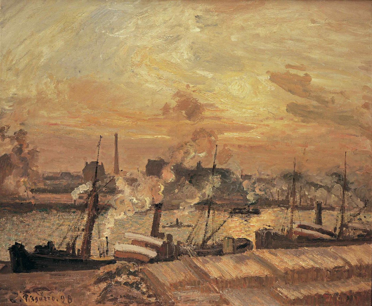 Lossning av ved, Quai de la Bourse, solnedgång, 1898. av Camille Jacob Pissarro