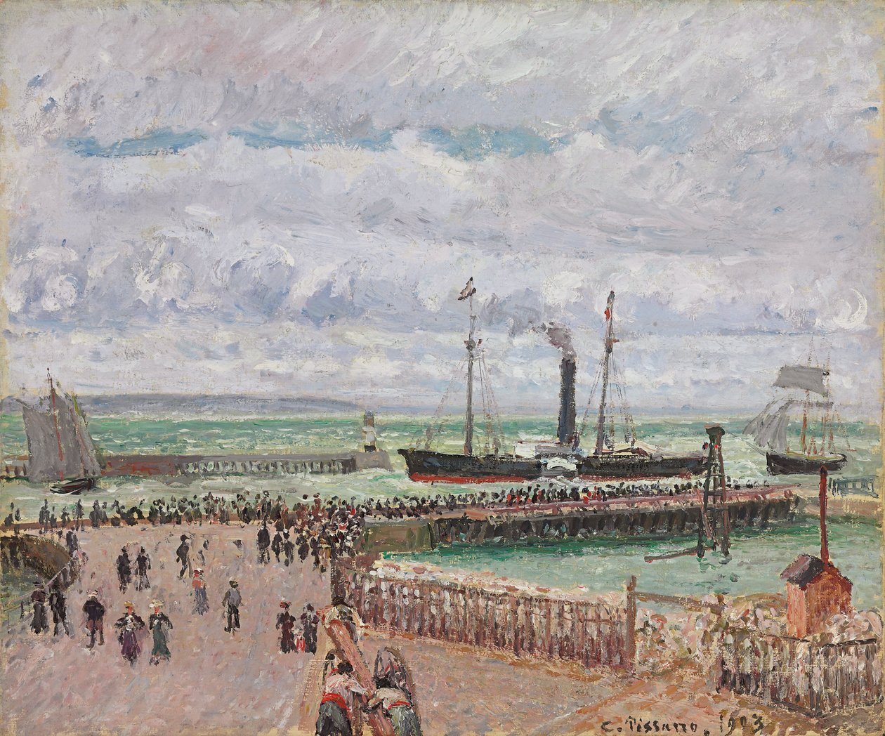 Ingång till hamnen i Le Havre och de västra vågbrytarna, lysande grått väder; Ingång till hamnen i Le Havre och den västra vågbrytaren, ljust grått väder, 1903 av Camille Jacob Pissarro