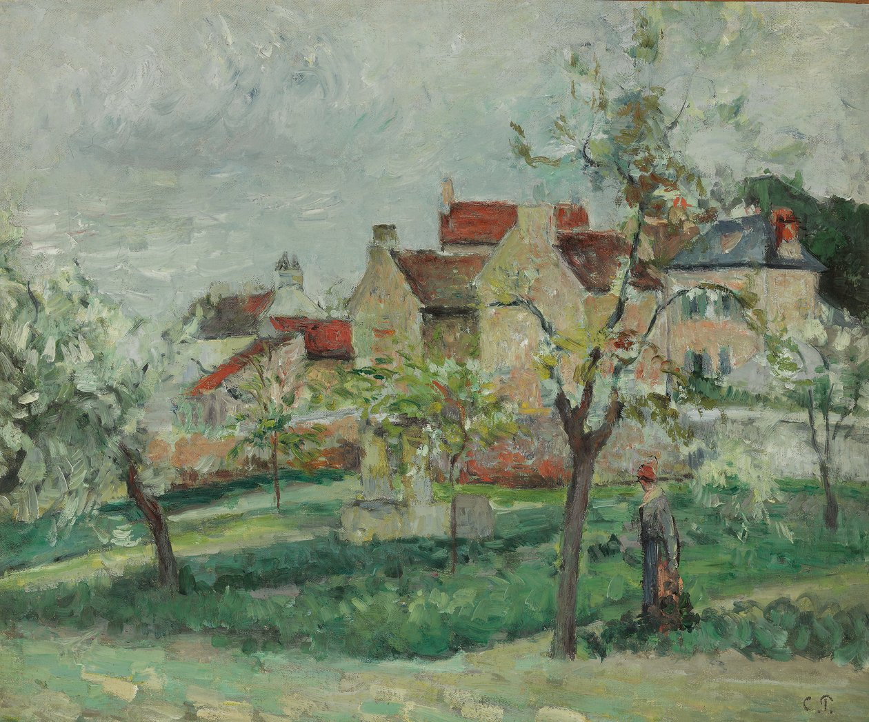 Blommande plommon Tress, Pontoise; Plommonträd i blom, Pontoise, c.1876 av Camille Jacob Pissarro