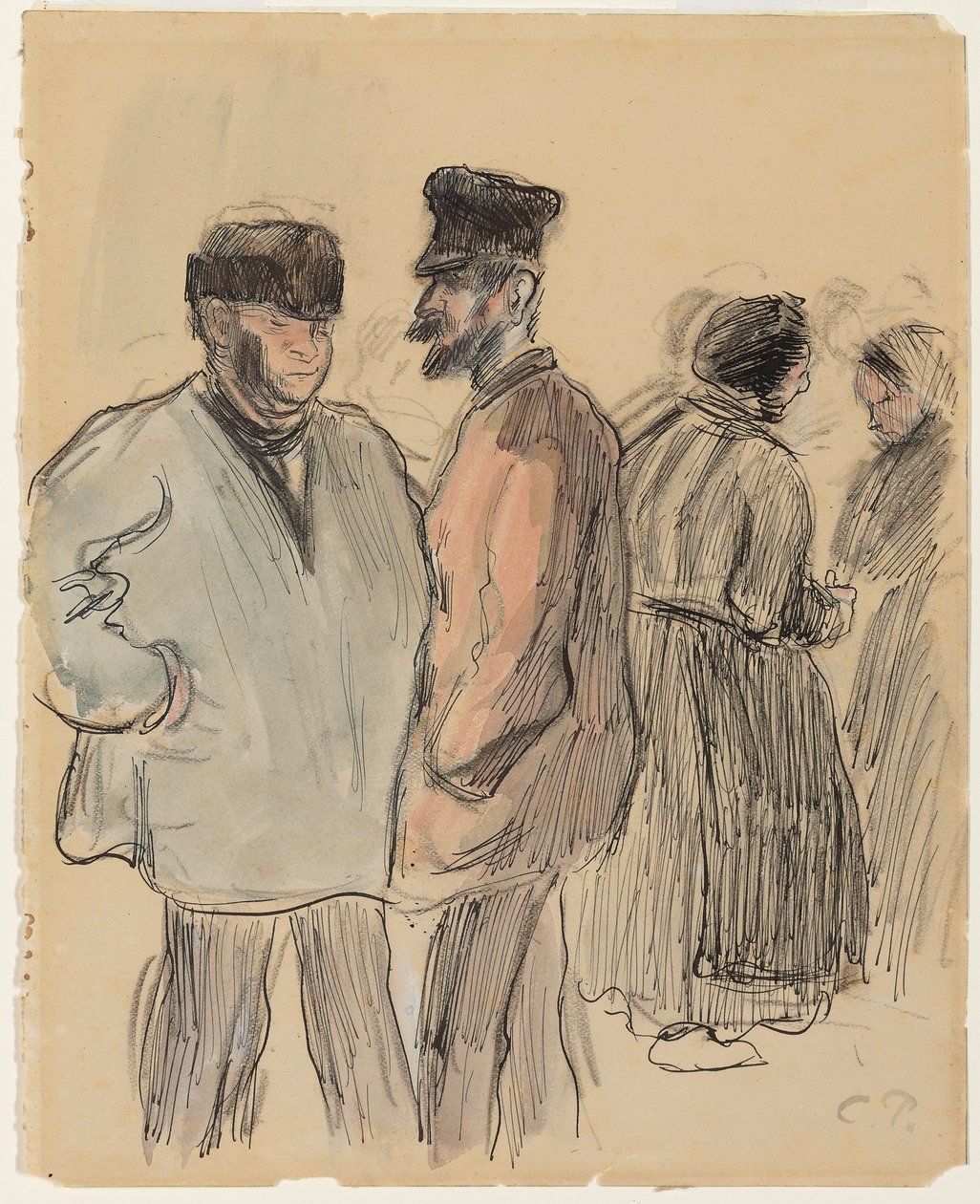 Grupp människor på marknaden, Gisors; Grupp av figurer på marknaden, Gisors, ca 1891 av Camille Jacob Pissarro