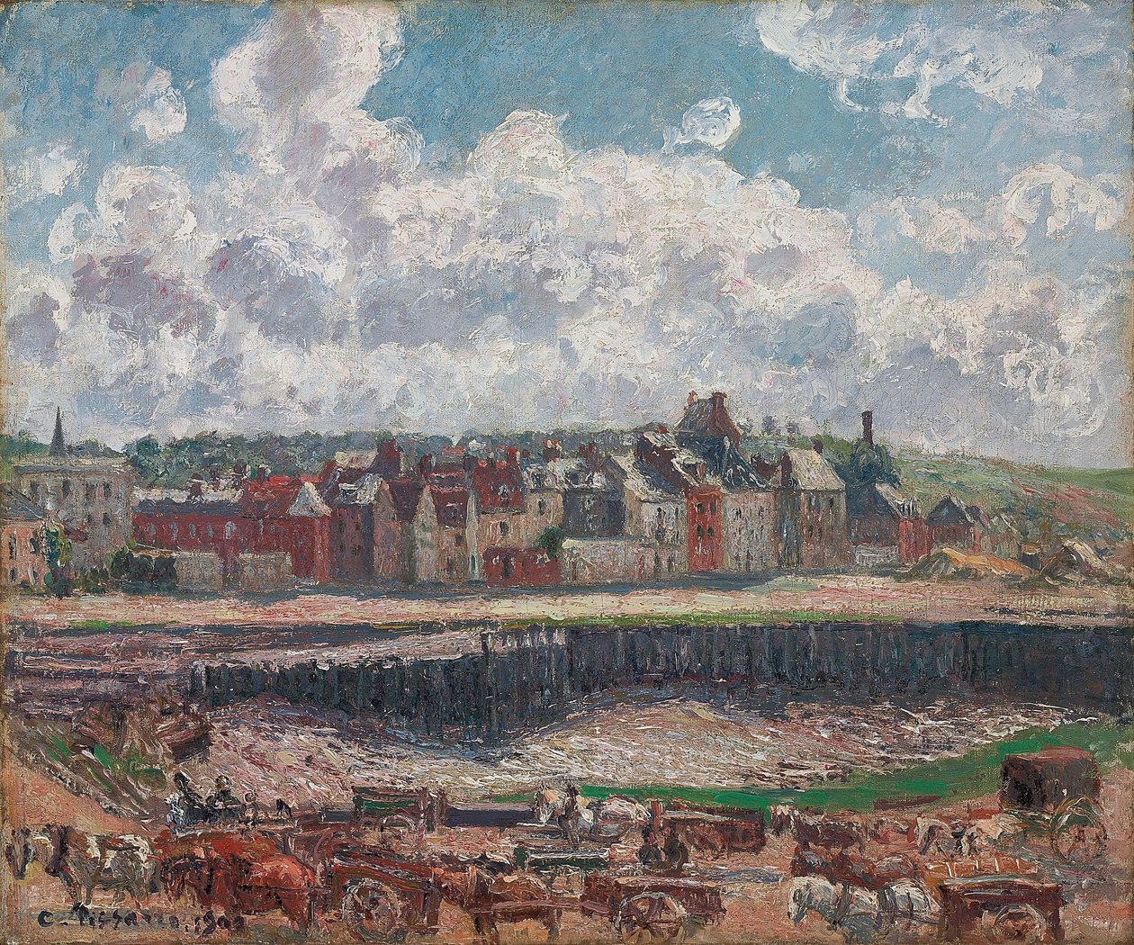 Hästar och vagnar framför fiskehamnen, Dieppe, vid lågvatten; Hästar och vagnar framför fiskebryggan, Dieppe, lågvatten, 1902 av Camille Jacob Pissarro
