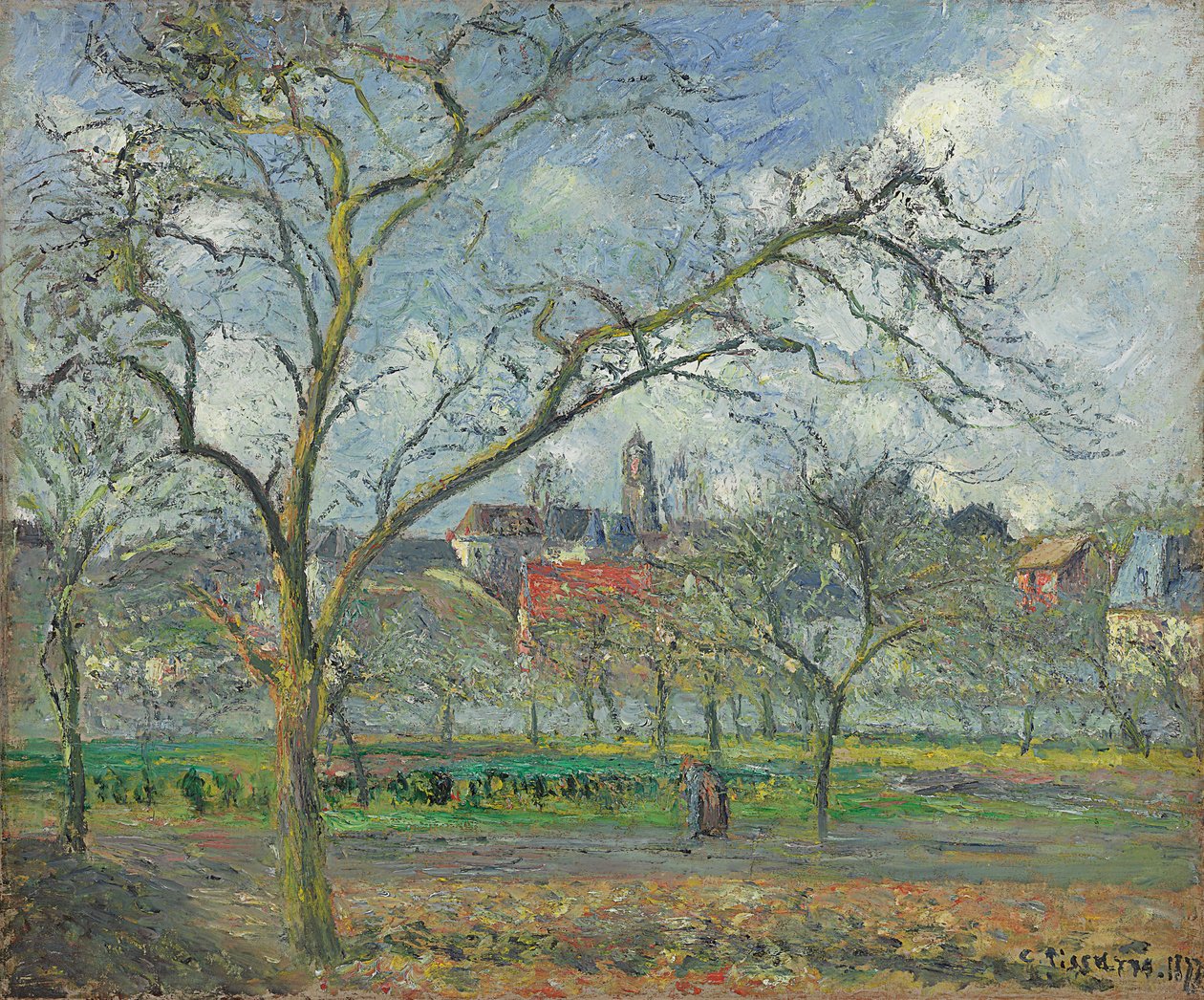 Fruktträdgård vid Saint-Ouen-l"Aumone på vintern; fruktträdgård vid Saint-Ouen-l"Aumone på vintern, 1877 av Camille Jacob Pissarro