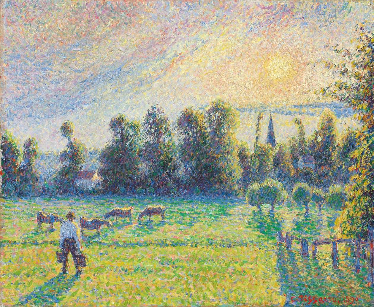 Betesmark, solnedgång, Eragny; Betesmark, solnedgång, Eragny, 1890 av Camille Jacob Pissarro