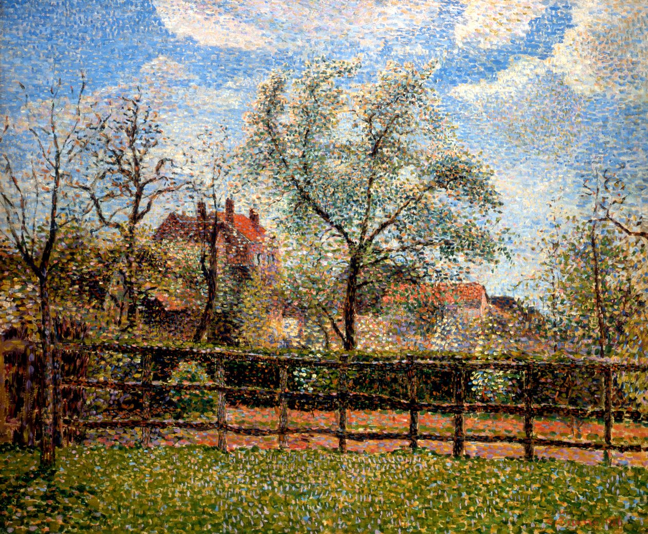 Päronträd och blommor i Eragny, morgon, 1886 av Camille Jacob Pissarro