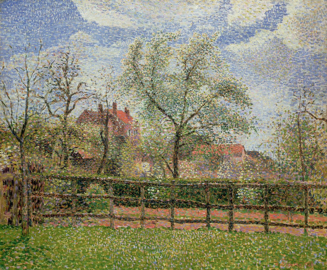 Päronträd och blommor i Eragny, morgon, 1886 av Camille Jacob Pissarro